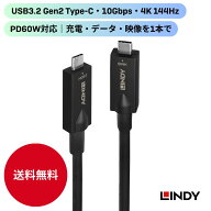 LINDY 10m USB3.2 Gen2 Type-Cアクティブケーブル 4K@144Hz 映像出力 高速データ転送 10Gbps USB PD 60W…