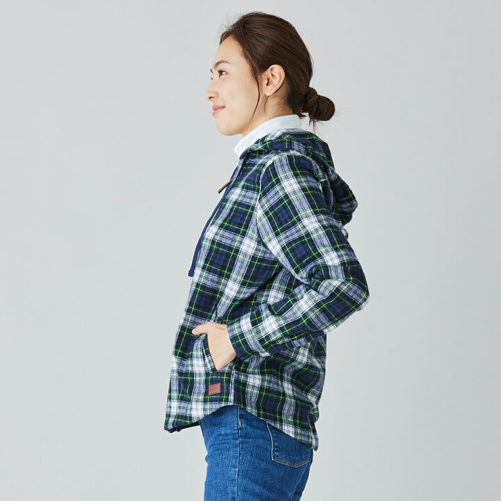 LLBean 女性M フード ボア フリース ジップアップ チェックフランネル