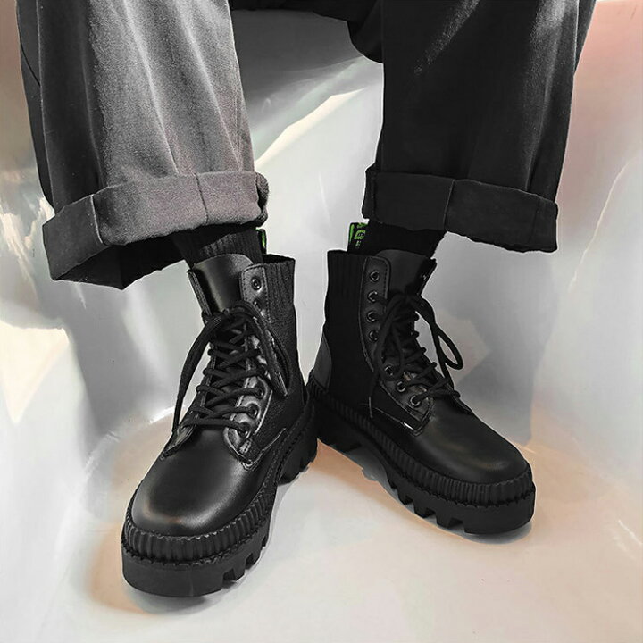 楽天市場 ショートブーツ メンズ 黒 編み上げ 厚底 おしゃれ ワークブーツ カジュアルブーツ カジュアルシューズ 革靴 皮靴 ニット コンビ レースアップ 紐 ブラック シューズ 靴 くつ アウトレット 22 春 春夏 夏 Svec Prime Shop
