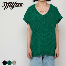 Shoelace Knitted Vest Myne マイン G10VT002 シューレスニットベスト ニットベスト メンズ レディース vネック ブランド おしゃれ ノースリーブ カジュアル 無地 シンプル 蒸れにくい 手編み コットン 100% ブラック 黒 グリーン 緑 ホワイト 白 2025 秋 秋冬 冬