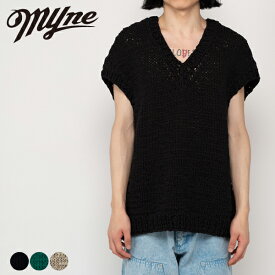 Shoelace Knitted Vest Myne マイン G10VT002 シューレスニットベスト ニットベスト メンズ レディース vネック ブランド おしゃれ ノースリーブ カジュアル 無地 シンプル 蒸れにくい 手編み コットン 100% ブラック 黒 グリーン 緑 ホワイト 白 2025 秋 秋冬 冬