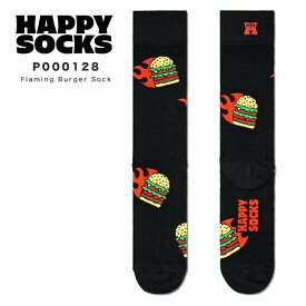 happy socks ハッピーソックス 靴下 レディース メンズ ブランド プレゼント かわいい おしゃれ クルー丈 ソックス くつ下 可愛い 綿混 カジュアル ビジネス ハンバーガー 総柄 ブラック 黒 ギフト 誕生日 Flaming Burger Sock P000128 2024 冬 春 春夏