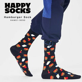 happy socks ハッピーソックス 靴下 レディース メンズ おしゃれ ブランド かわいい クルー丈 ミドル丈 ソックス くつ下 可愛い 綿 コットン 綿混 カジュアル ビジネス 派手 総柄 ブラック 黒 Hamburger Sock HAM01-9050 2024 春 春夏 夏