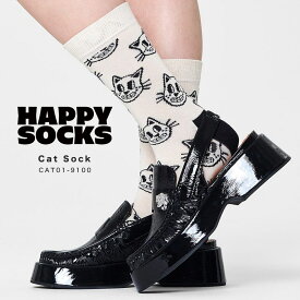 happy socks ハッピーソックス 靴下 レディース メンズ おしゃれ ブランド かわいい クルー丈 ミドル丈 ソックス くつ下 可愛い 綿 コットン 綿混 カジュアル ビジネス 派手 総柄 猫 アニマル柄 ブラック 黒 Cat Sock CAT01-9100 2024 春 春夏 夏