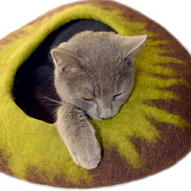 丸型グラデーション お洒落なペットハウス (ブラウン×グリーン) 犬 猫 ペット用 ベッド ハンドメイド ウール100％ フェルト製 【necocoon】