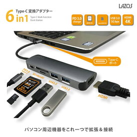 6in 1 HDMI Type-C変換アダプター 6in1 L-CD6 USB3.0 ハブ 高速転送 カードスロット WindowsXP Linux10.04 MacOS プロジェクター 1年保証