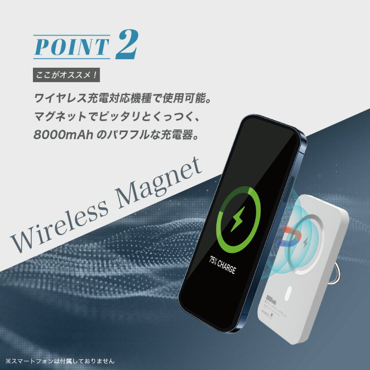 楽天市場 ワイヤレスマグネットモバイルチャージャーmagcha 対応 モバイルバッテリー ホワイト Qi ワイヤレス 無接点充電 大容量 8000mah 便利 磁気吸着 指入れリング Type C入力出力 Iphone12対応 Iphone13対応 ロコロコ ライフスタイル