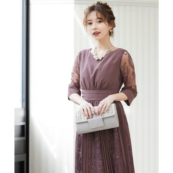 楽天市場 ニアナ Niana プリーツ レース 7分袖ドレス 結婚式ワンピース パープル系 Locomall ロコンド公式ストア
