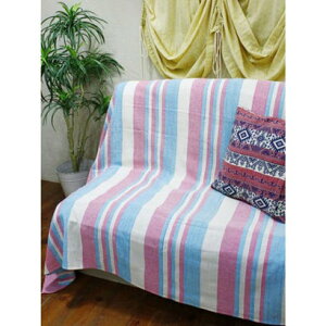 【チャイハネ】インド綿ボーダー柄ベッドカバー シングルサイズ ピンク