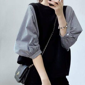 ジュノア JUNOAH 5分袖ドッキングブラウス 韓国ファッション （チェックネイビー）