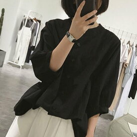 ジュノア JUNOAH ノーカラーボリュームスリーブコットンシャツ 韓国ファッション （ブラック）