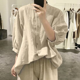 ジュノア JUNOAH ノーカラーボリュームスリーブコットンシャツ 韓国ファッション （アイボリー）