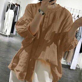 ジュノア JUNOAH ノーカラーボリュームスリーブコットンシャツ 韓国ファッション （モカ）