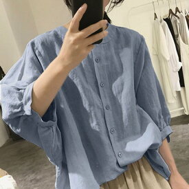 ジュノア JUNOAH ノーカラーボリュームスリーブコットンシャツ 韓国ファッション （ブルー）