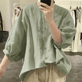 ジュノア JUNOAH ノーカラーボリュームスリーブコットンシャツ 韓国ファッション （グリーングレー）