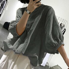 ジュノア JUNOAH ノーカラーボリュームスリーブコットンシャツ 韓国ファッション （チャコール）