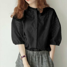ジュノア JUNOAH 刺繍ノーカラーレースブラウス 韓国ファッション （ブラック）