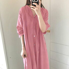 ジュノア JUNOAH スタンドカラーマキシ丈シャツワンピース 韓国ファッション （ピンク）