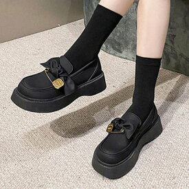 アミュレット Amulet 厚底リボン付きローファー レディース 靴 無地 10代 20代 30代 韓国ファッション 韓国 モノトーン カジュアル 個性的 アクセント （ブラック）