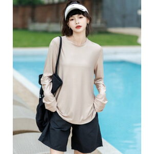 テディショップ Teddyshop レディース水着 長袖ラッシュガード+ハーフパンツ+ビスチェ風ハイウエスト上下タンキニ 4点セット (ベージュ×ブラック)