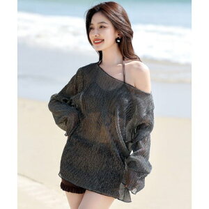 テディショップ Teddyshop レディース水着 ラメシースルートップス+フリルリボンビキニ 3点セット (ブラウン)