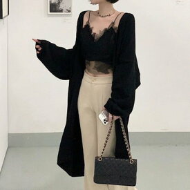 デューリリー Dewlily ロングカーディガン 韓国ファッション 10代 20代 30代 大人っぽい 羽織りやすい ロング丈 紫外線対策 エアコン対策 オシャレ カジュアル （ブラック）