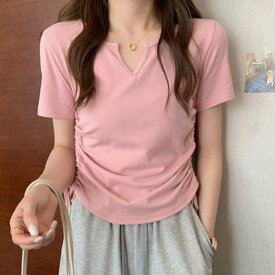 アミュレット Amulet サイドドロストリボンシャツ 春 夏服 秋 韓国ファッション 10代 20代 30代 黒 Tシャツ レディース 無地 シンプル トップス 半袖 （ピンク）