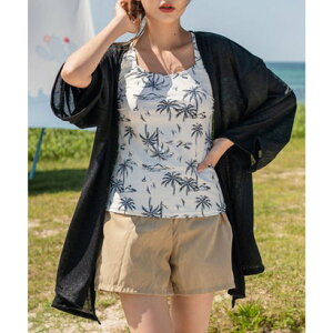 レースレディース Lace Ladies 長袖 ショートパンツ付きタンキニセパレート ハイウェイストショーツ 4点セット水着 (ホワイト)