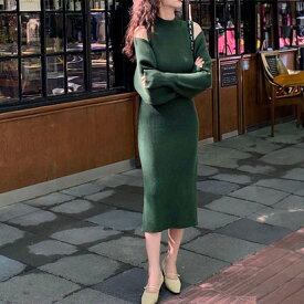 デューリリー Dewlily ニットワンピースセットアップ レディース 10代 20代 30代 韓国ファッション 春 夏 秋 冬 可愛い 大人カジュアル シンプル 上品 デート （グリーン）