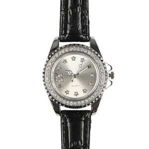 ヴァリアススタイル VARIOUS STYLE 星型のインデックスとラインストーンが文字盤で輝く キラキラ シルバーケース PUレザーベルト レディース腕時計 SPST053-WHBK (WHBK)