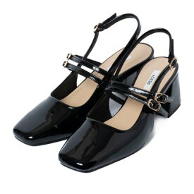 リゾイ REZOY Wベルトバックストラップスクエアトゥパンプス （ブラックエナメル）