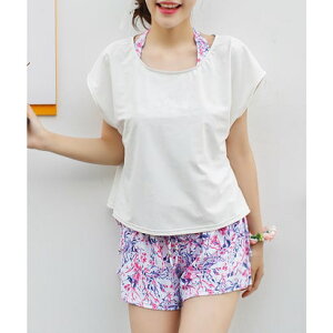 エンジェル ルナ Angel Luna 【タンキニ水着4点セット】体型カバー タンキニ Tシャツ 半袖 ラッシュガード レディース ショートパンツ セパレート 無地 花柄 黒 白 (ホワイト)