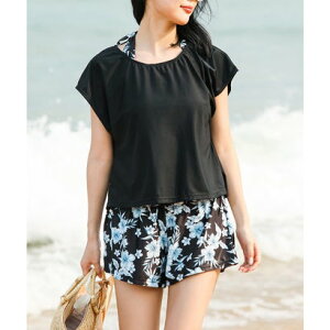 エンジェル ルナ Angel Luna 【タンキニ水着4点セット】体型カバー タンキニ Tシャツ 半袖 ラッシュガード レディース ショートパンツ セパレート 無地 花柄 黒 白 (ブラック/モノトーン南国