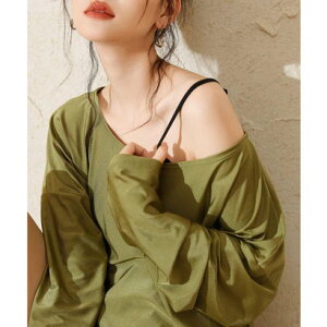 エンジェル ルナ Angel Luna 【ビキニ水着4点セット】レディース 体型カバー 長袖アウター ラッシュガード Vカット セパレート ビキニ ショートパンツ 無地 (オリーブグリーン)