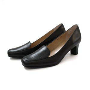 【本革】パンプス ローファー クロコ型押し ヒール 日本製 レディース 黒 ビジネス 通勤 PO5227 (ブラック(コンビ))