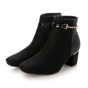 マフモフ Mafmof Realta(レアルタ)6cmプレートヒール2WAYビット異素材MIXショートブーツ （ブラックスエード・ツイード）