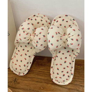 レースレディース Lace Ladies イチゴ柄 リボン オープン フラット スリッパ (アイボリー)