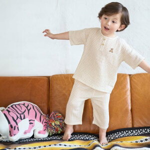 プティマイン petit main 【リンク】くま刺繍Wガーゼパジャマ (ウスベージュ)