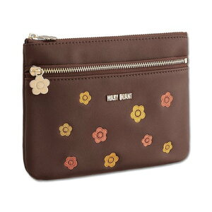 マリークワント MARY QUANT バイカラーデイジー刺繍 2ファスナーポーチ (ブラウン)