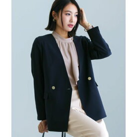 ホワイトジョーラ WHITE JOOLA 【洗える 】 ツイルノーカラーダブルジャケット （ネイビー）