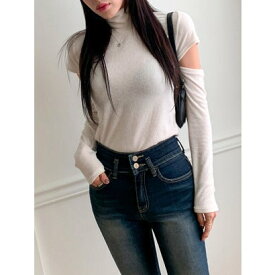 ビビッドレディ VIVIDLADY 袖スリットハイネックショルダーTシャツ長袖トップスレディース Y2K 秋冬 カットソー ハイネック トップス レイヤード 袖スリット 冬 韓国ファッション 可愛い デイ