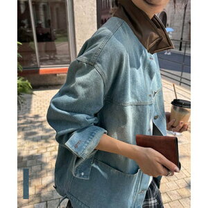 �A���S�g�E�L���E ARGO TOKYO Vintage-Washed Patchwork Leather Collar Workwear Denim Jacket 21141 ���B���e�[�W�E�I�b�V�����H���U�[�J���[�f�j���W���P�b�g �i�u���[�j