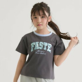 ピンク ラテ PINK-latte 【接触冷感】キラキラカレッジリンガー半袖Tシャツ （チャコール）