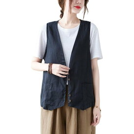 [R10righten] ベスト レディース トップス ジレベスト 綿麻 Vネック 前開き 薄手 無地 ポケット付き ゆったり 着痩せ 袖なし シンプル ファッション 普段着 通勤 お出かけ 春 夏 秋 大きいサイズ