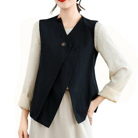 [CoeFodMavo] ベスト レディース ジレ 袖なし アウター ショート丈 トップス ノースリーブ ジャケット 体型カバー ゆったり Vネック シャレ おしゃれ お洒落 前開き 無地 綿100 レイヤード用 通勤