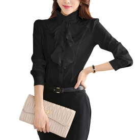 [MEME XTRA] メメエクストラ シャツ ブラウス レディース 立て襟 フリル リボン 白 黒 ハイネック トップス ステンドカラー 無地 長袖 半袖 春 夏 おしゃれ オフィス 就活 前開き 薄手 可愛い 開