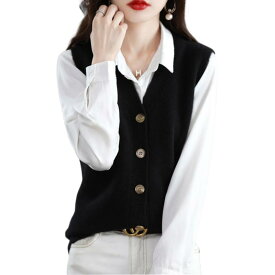 [Niliv] ニットベスト レディース セーターベスト 春 秋 冬 ベスト vネック トップス 無地 シンプル ボタン 大きいサイズ 袖なし 前開き 重ね着 セーター ノースリーブ 可愛い おしゃれ カジュ