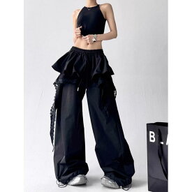 レディース パンツ レイヤード スカート裾 ワークウェア カジュアル 切り替え レース 層 長ズボン 秋冬 普段使い 軽量 綿 伸縮性 吸湿速乾 高級感