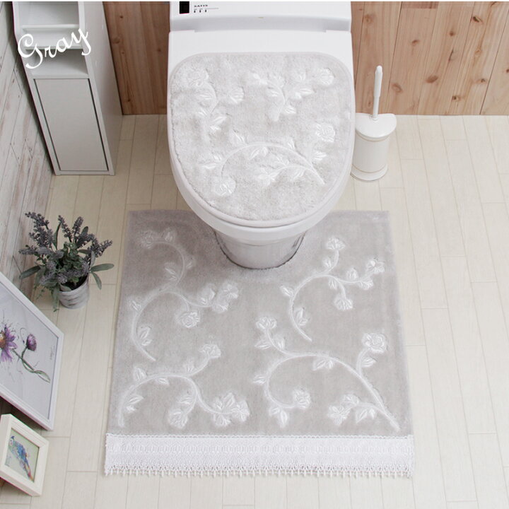 楽天市場 クーポンで最大10 Off トイレマット2点セット かわいい フラワーモチーフ アンティーク調 洗える おしゃれ ふわふわシェリトイレマット 貼るフタカバー 2点セット ホワイト グレー ピンク トイレマットの店 ルーブルダール