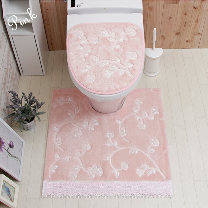 楽天市場 トイレマット2点セット かわいい フラワーモチーフ アンティーク調 洗える おしゃれ ふわふわシェリトイレマット 貼るフタカバー 2点セット グレー ピンク トイレマットの店 ルーブルダール